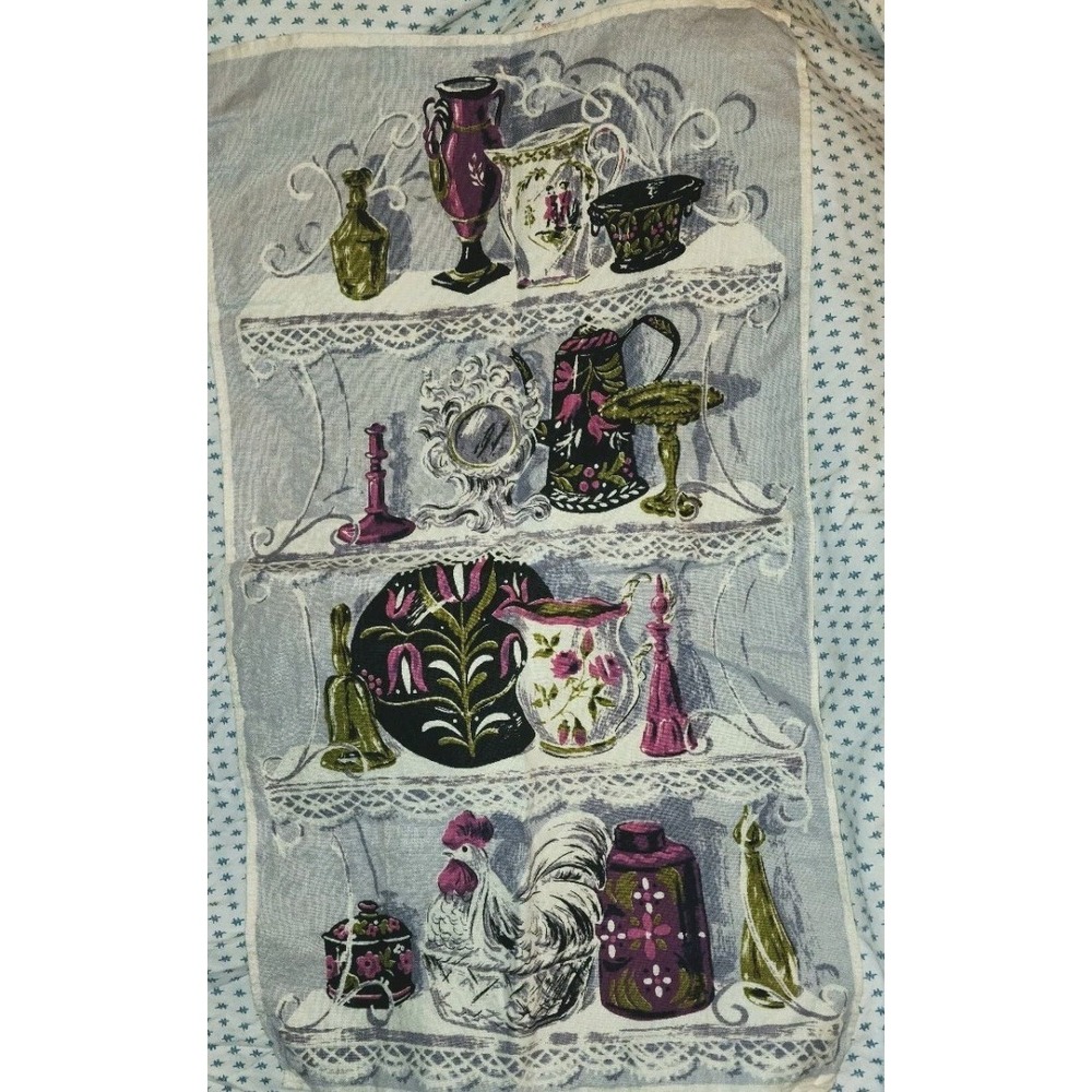 VTG Hardy Craft Linen Tea Towel Rooster Shelf Vases Teapot Cottagecore Rare One
